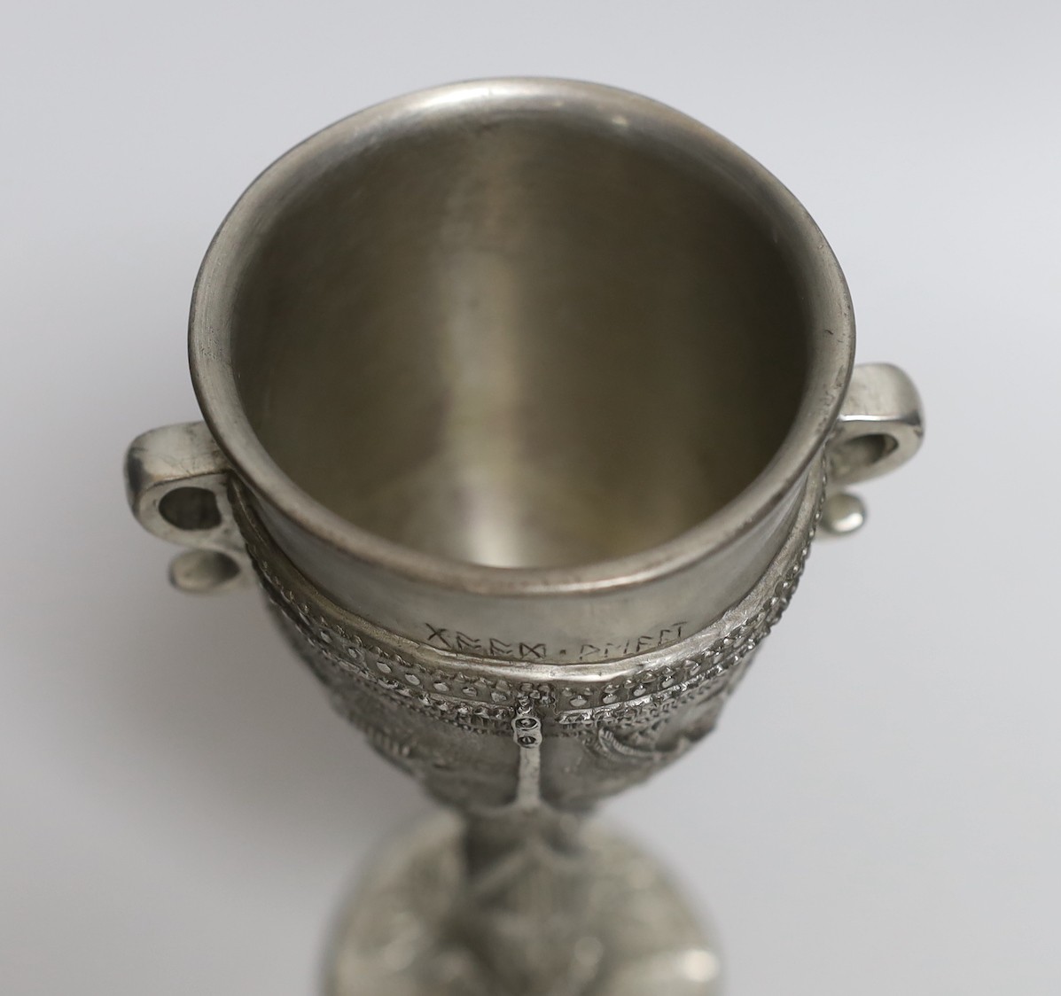 A Selangor cast pewter ‘Hobbit’ goblet inspired by Tolkien’s Lord of the Rings, 18.5cms high